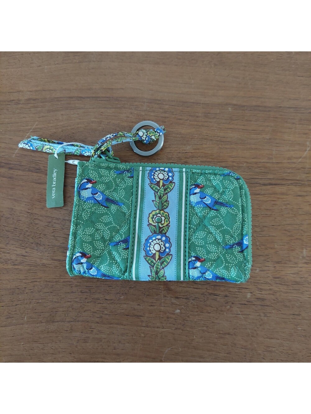 Vera Bradley Green Birds Zip ID Case NWT Blue Bird Key Ring Wallet Pouch New